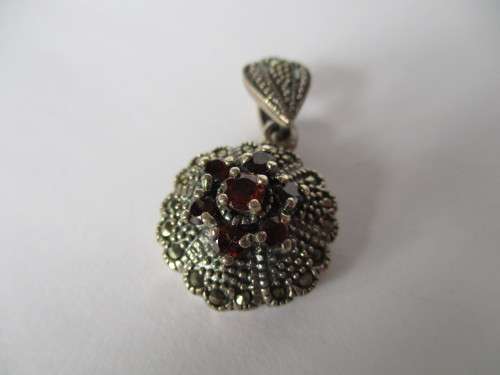 Sterling Silver , Garnets  and Marcasite Pendant