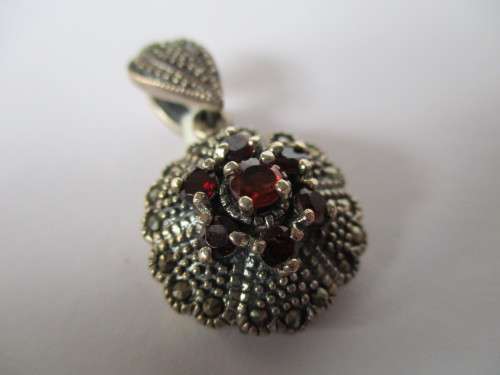 Sterling Silver , Garnets  and Marcasite Pendant