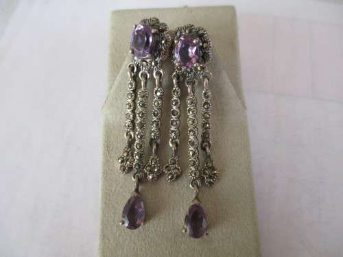 Sterling Silver Marcasite and Genuine Amethysts Earrings