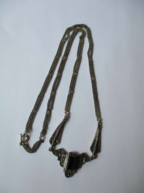 925 Sterling Silver,  Marcasite with Black Onyx Pendant/ Necklace