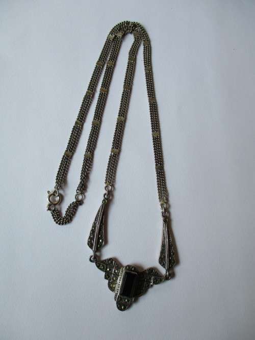 925 Sterling Silver,  Marcasite with Black Onyx Pendant/ Necklace