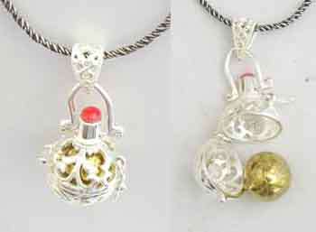 925 Solid Sterling Silver , " Rattle" with Coral Pendant