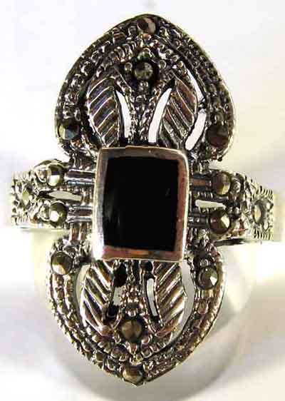 Sterling Silver, Marcasite and Black Onyx  Ring.