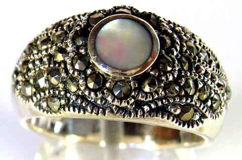 Lovely Sterling Silver, Marcasite  and Mother of Pearl  Ring.