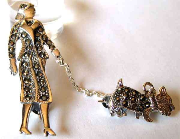 Lovely -Sterling Silver, Marcasite `` Lady and Dog `` 2 Brooches