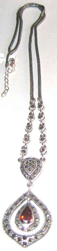 Lovely -925 Sterling Silver Chain with  Marcasite  and Garnet Necklace  -