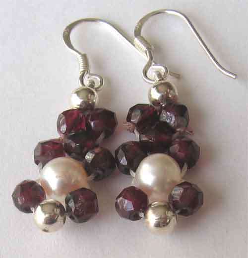 925 -Sterling Silver,  Genuine Culured Pearls & Garnets Earrings