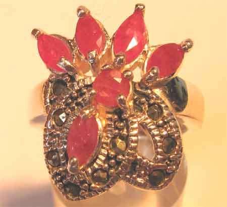 Solid 925 -Sterling Silver , Marcasite &  Rubies-   Ring.