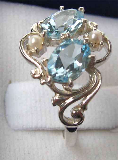 Solid-  925 Sterling Silver, Seed Pearls and Genuine Blue Topaz  Ring