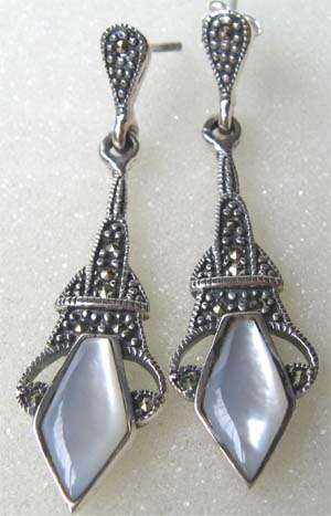 925 Sterling Silver Mother of Pearl  Marcasite Dangle Earrings