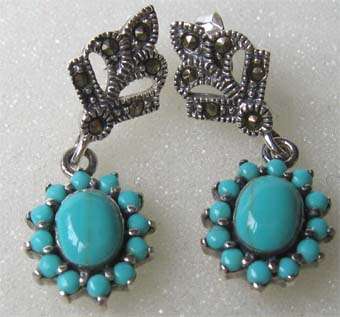 A pair of Dangle Sterling Silver , Marcasite and Turquoise Earrings