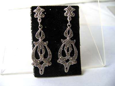 Beautiful Long, Sterling Silver & Marcasite Earrings