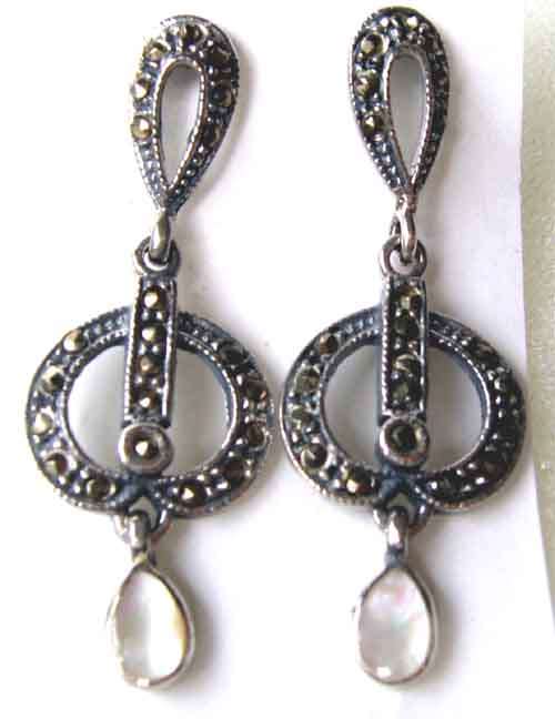 A pair of  Sterling Silver, M O P  and Marcasite Earrings.