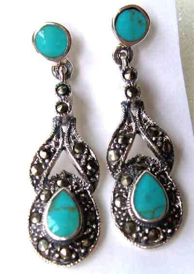 A pair of  Beautiful Sterling Silver, Turquoise and Marcasite Earrings.