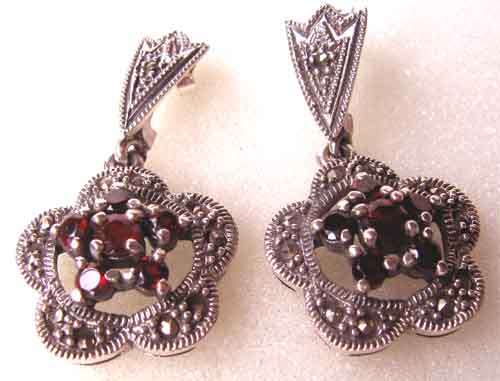 Sterling Silver, Garnets and Marcasite Earrings.