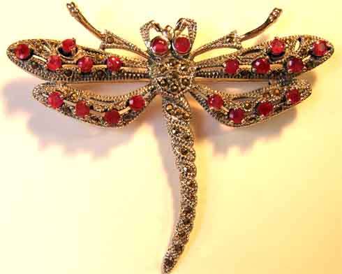 Beautiful  Sterling Silver  Rubies  &  Marcasite Dragonfly Brooch