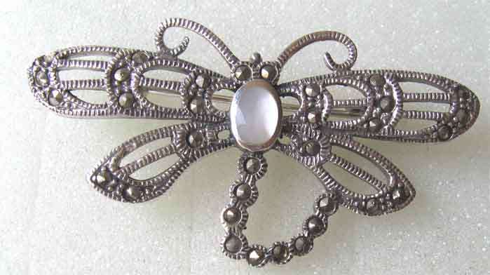 925 Sterling Silver , Marcasite and MOP Dragonfly Brooch