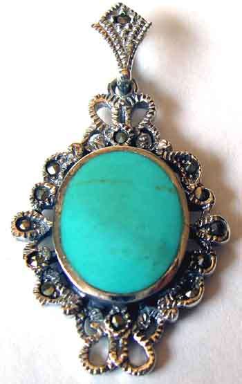Solid 925 -Sterling Silver , Marcasite and Turquoise - Pendant