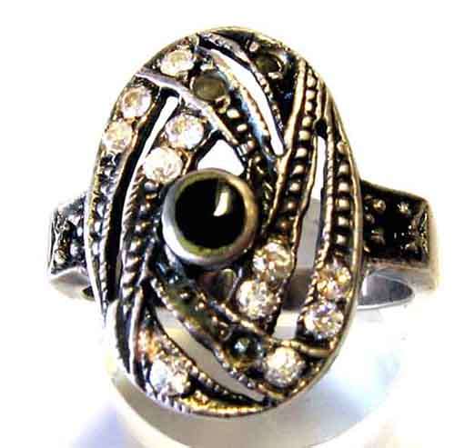 Lovely Sterling Silver , Marcasite , CZ and Black Onyx Ring