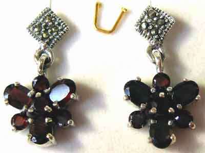 Sterling Silver, Marcasite and Garnets Earrings.