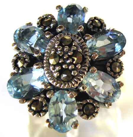 Stunning Sterling Silver , Sky Blue Topaz and Marcasite Ring.