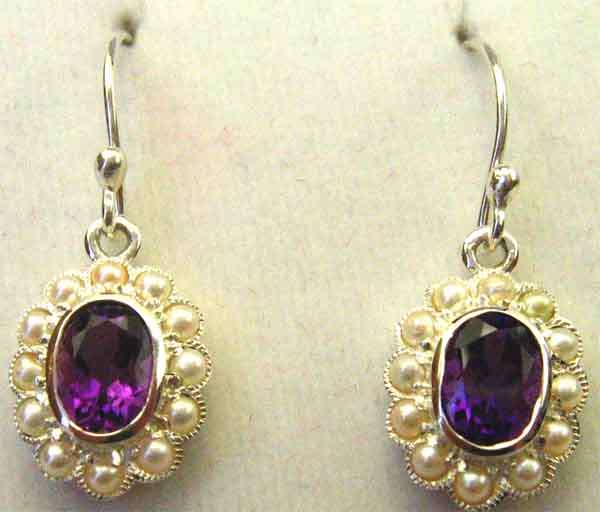 LOVELY, A  PAIR OF GENUINE AMETHYST  AND SEED PEARLS IN  STERLING SILVER EARRINGS