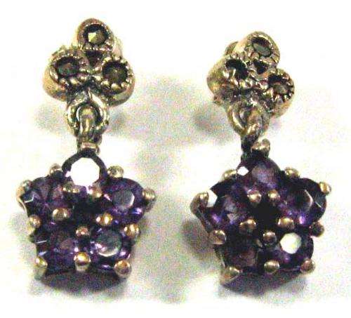 A pair of  Sterling Silver , Marcasite and Amethyst Earrings.