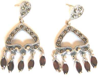 Sterling Silver , Marcasite and Garnets Chandelier Drops Earrings.