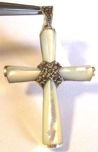 Ornate - Sterling Silver Mothe of Pearl and Marcasite Cross / Pendant.