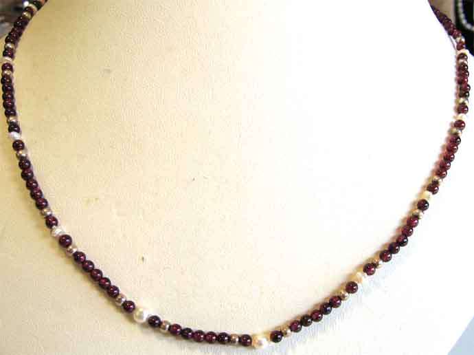 Geuine Garnets, Pearls and Sterling Silver Necklace .