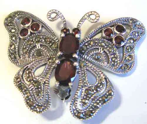 Splendid - Sterling Silver, Garnets and Marcasite Butterfly Brooch.