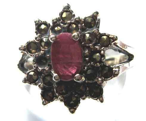 Genuine Sterling Silver , Ruby and Marcasite RIng.