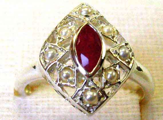 Lovely ,Genuine Ruby and Seed Pearls Ring in Sterling Silver.