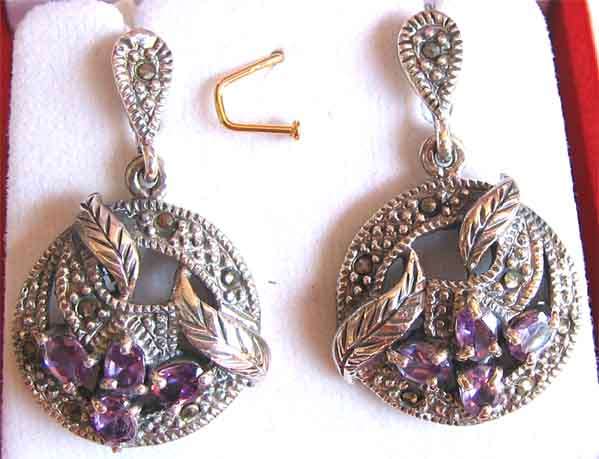 Silver,  Marcasite and Amethysts Earrings
