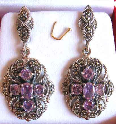 Silver 925, Marcasite and Amethysts Earrings.