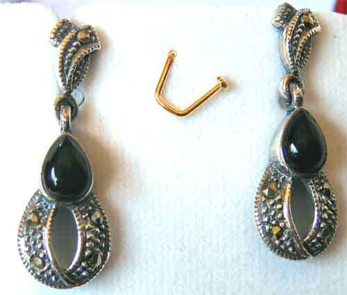 LOVELY PAIR OF STERLING SILVER , MARCASITE AND BLACK ONYX  EARRINGS.
