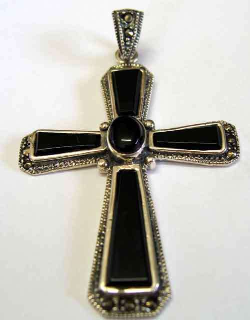 Gorgeous -925 Sterling Silver , Marcasite and Black Onyx  Cross / Pendant.