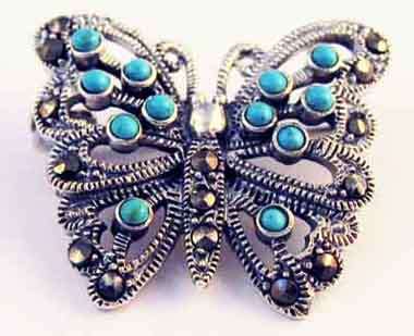 BEAUTIFUL STERLING SILVER , MARCASITE AND TURQUOISE `` BUTERRFLY `` BROOCH