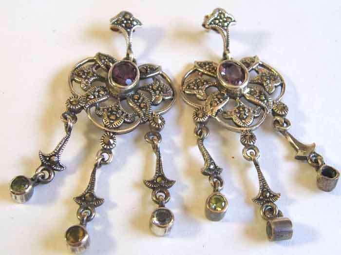 Elegant,A pair of Sterling Silver Amethysts, Peridot, Citrine and Blue Topaz Earrings.