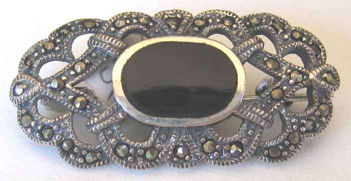 Lovely,925- Sterling Silver , Marcasite and Black Onyx Brooch.