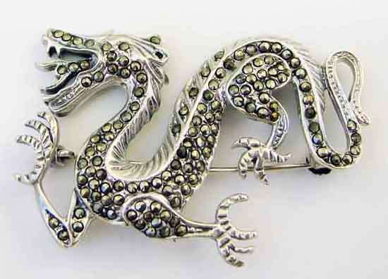 STERLING SILVER  AND MARCASITE  ` DRAGON `  BROOCH, big & beautiful