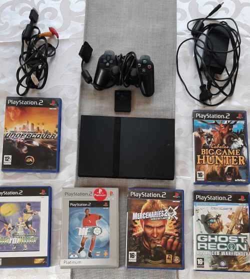 PS2 CONSOLE SLIM + MEMORY CARD + ORIGINAL CONTROLLER + CABLES + 6 GAMES