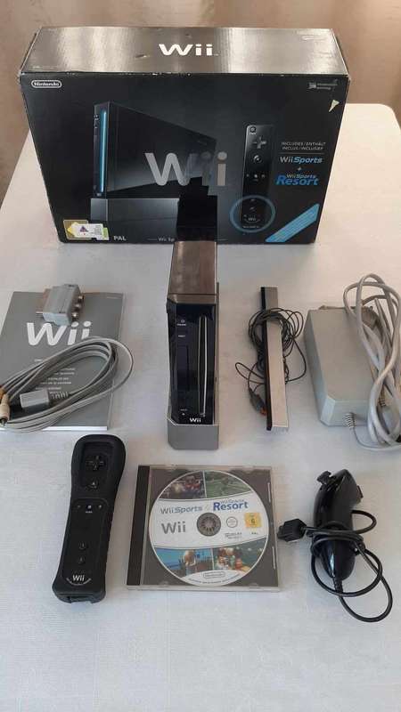 boxed wii console with wii sports and sports resort bundle