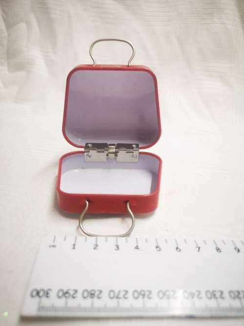 Small "flower garden" tin, opens like a suitcase. Perfect for a dolls luggage.