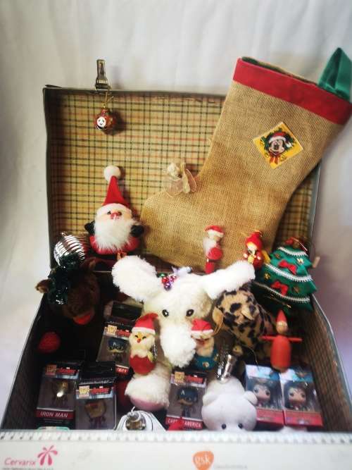 A stunning big lot of vintage Christmas decorations and gifts in a gorgeous vintage case