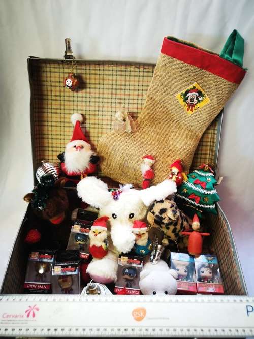 A stunning big lot of vintage Christmas decorations and gifts in a gorgeous vintage case