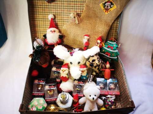 A stunning big lot of vintage Christmas decorations and gifts in a gorgeous vintage case