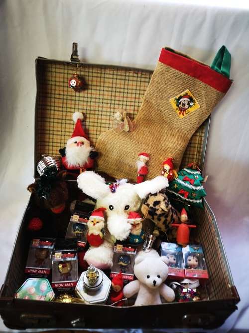A stunning big lot of vintage Christmas decorations and gifts in a gorgeous vintage case