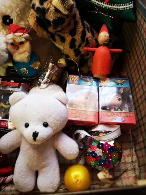 A stunning big lot of vintage Christmas decorations and gifts in a gorgeous vintage case