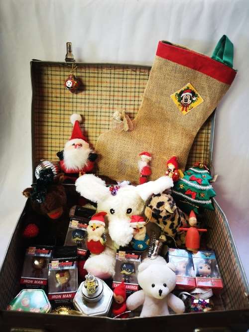 A stunning big lot of vintage Christmas decorations and gifts in a gorgeous vintage case